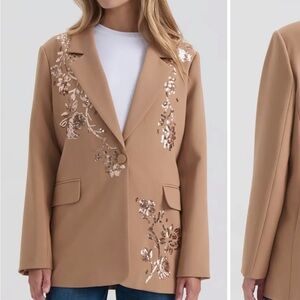 NVLT Camel Blazer with Sequin Floral Embroidery
